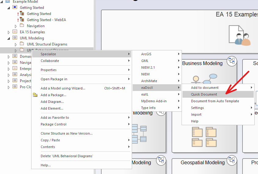 Menus accessed with right-click of the UML Behavioural Diagrams package of the Test Model that comes with Enterprise Architect.